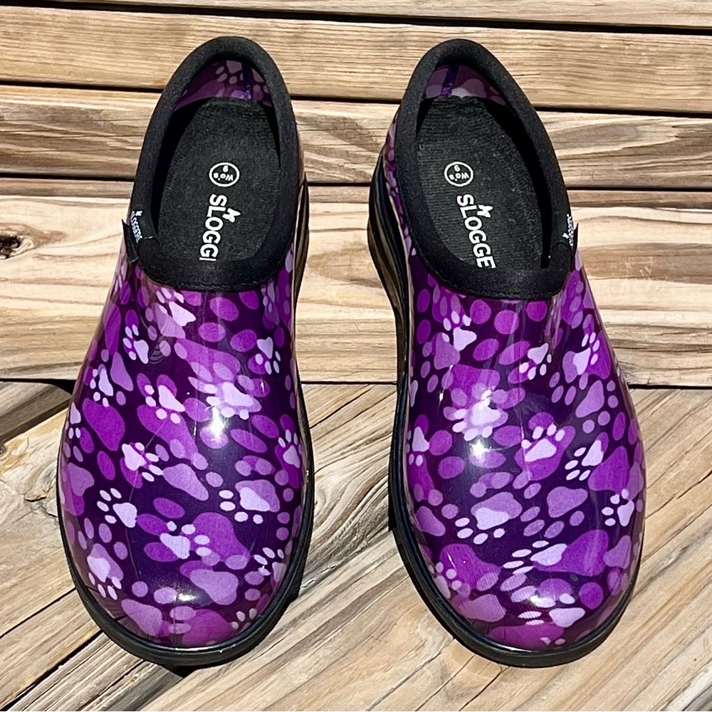 Sloggers Sz 9 Waterproof Purple Paw Print Garden Slip-On Clogs! EUC!
